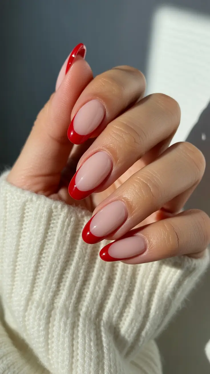 acrylic nail designs 2026 Red French Tip Almond Nails