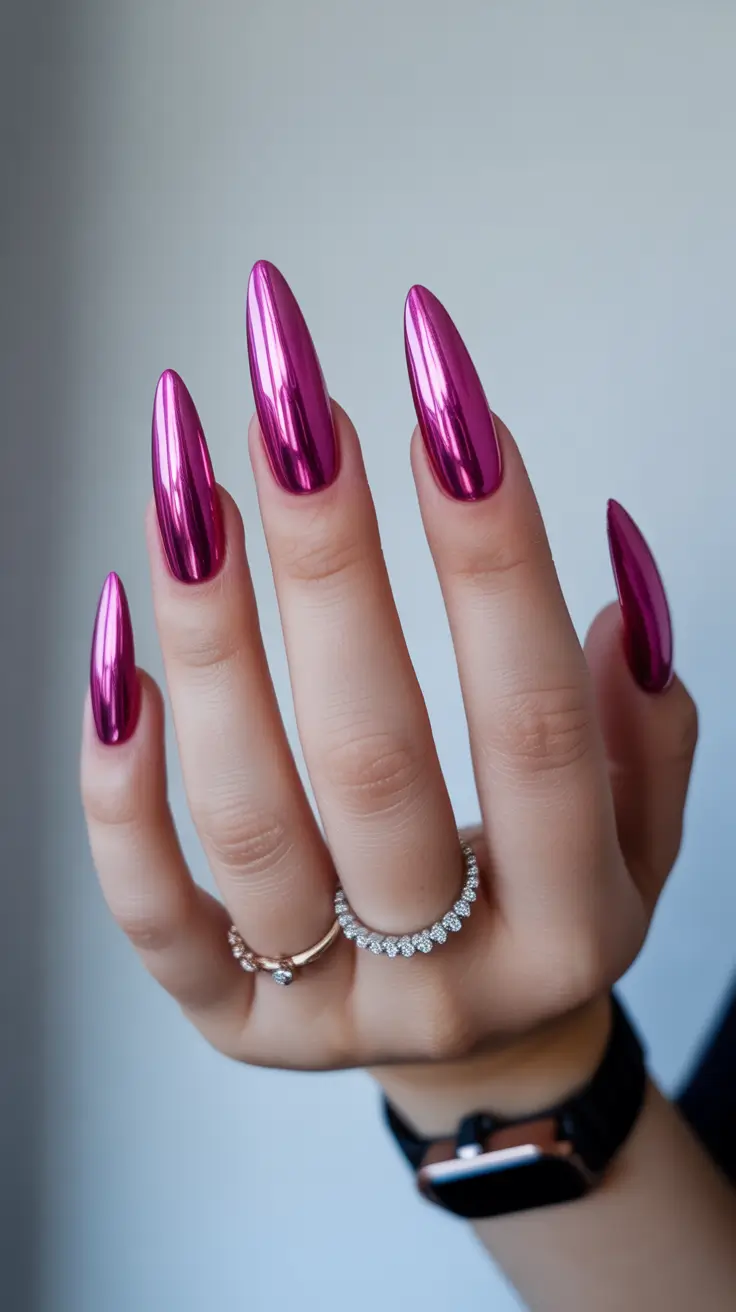 acrylic nail designs 2026 Metallic Magenta Almond Nails