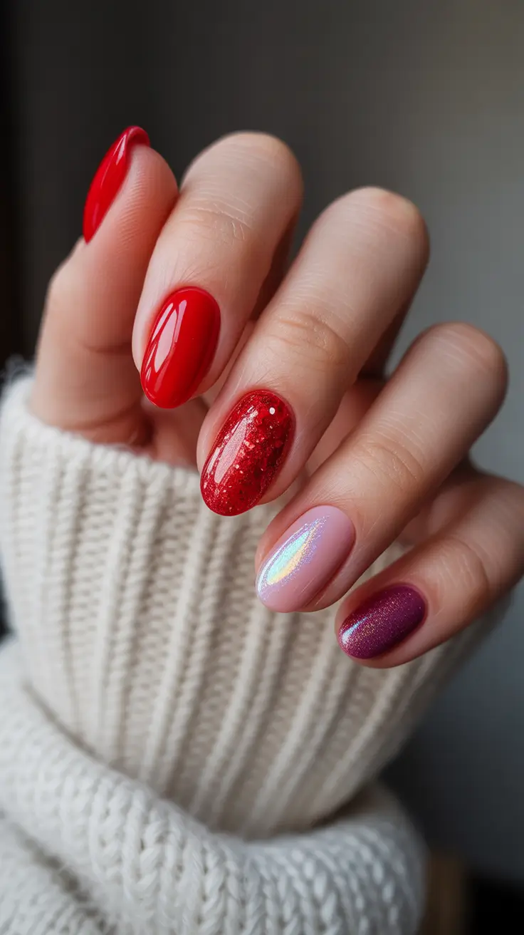 acrylic nail designs 2026 Red Accent Mix Almond Nails