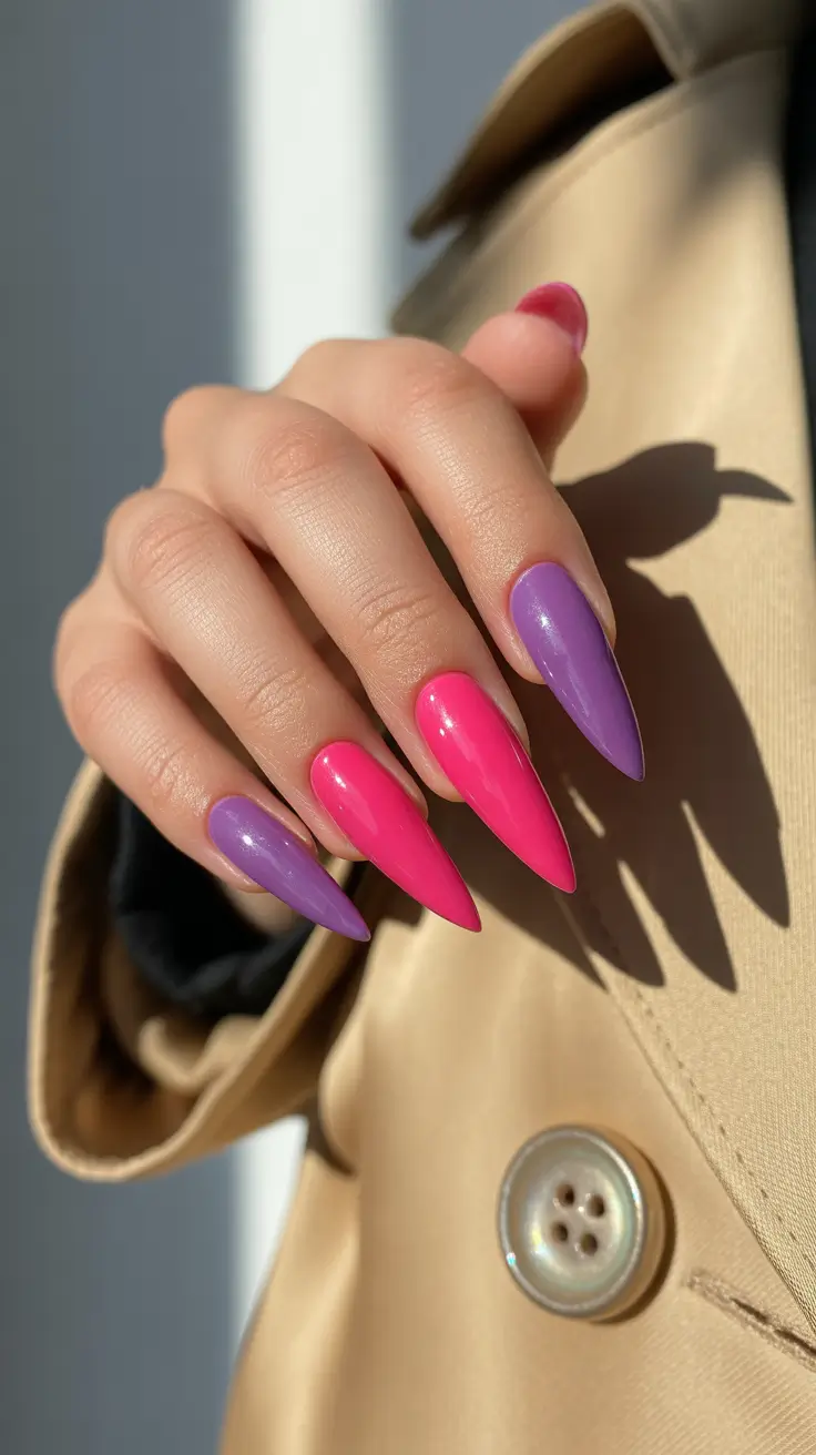 acrylic nail designs 2026 Pink and Purple Long Almond Nails