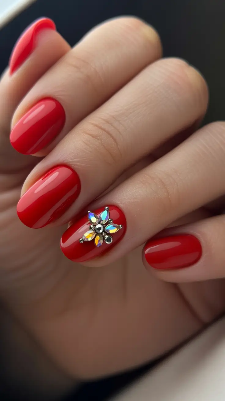 acrylic nail designs 2026 Short Red Nails with Crystal Accent