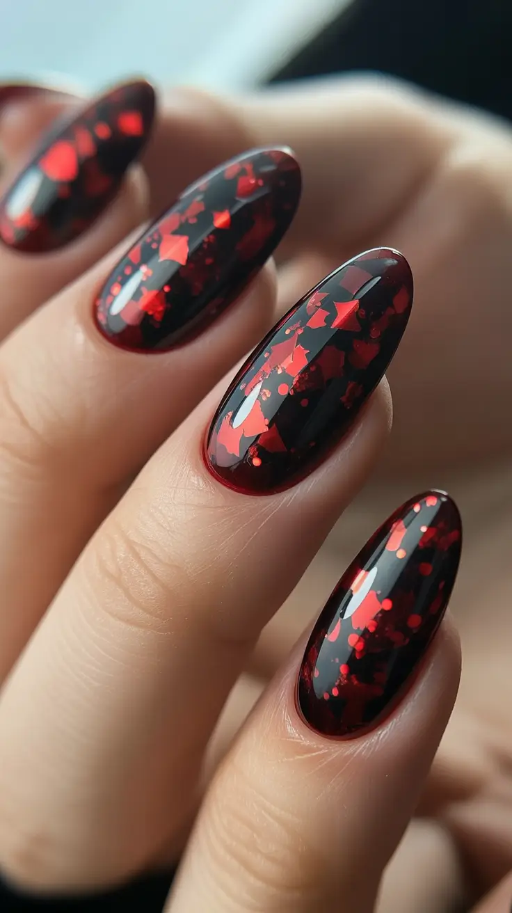 acrylic nail designs 2026 Dark Red Confetti on Black