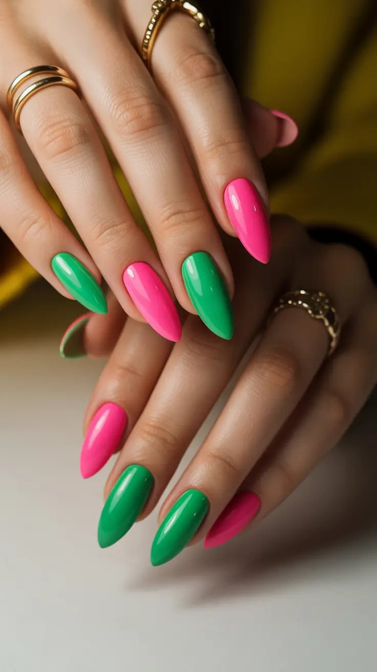 acrylic nail designs 2026 Pink and Green Almond Nails