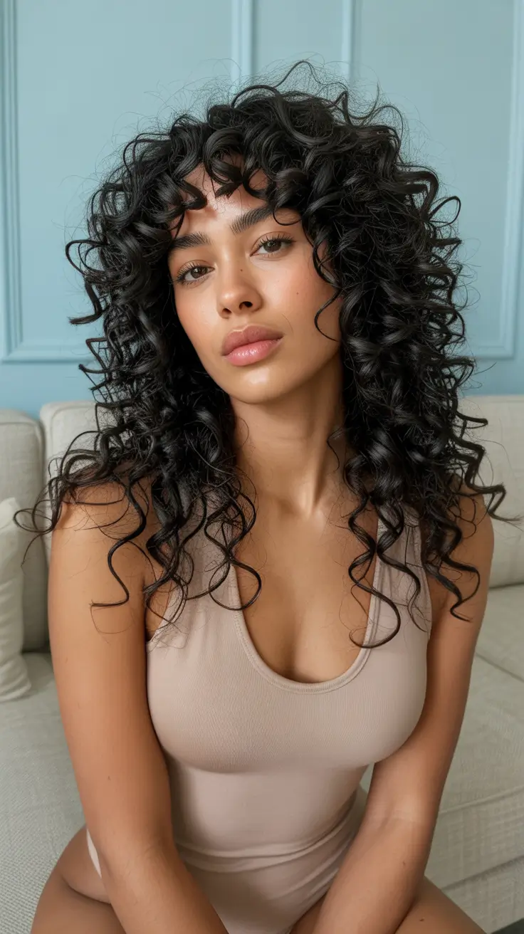 Best curly hairstyles 2026 Defined Jet-Black Spirals With Curved Bangs