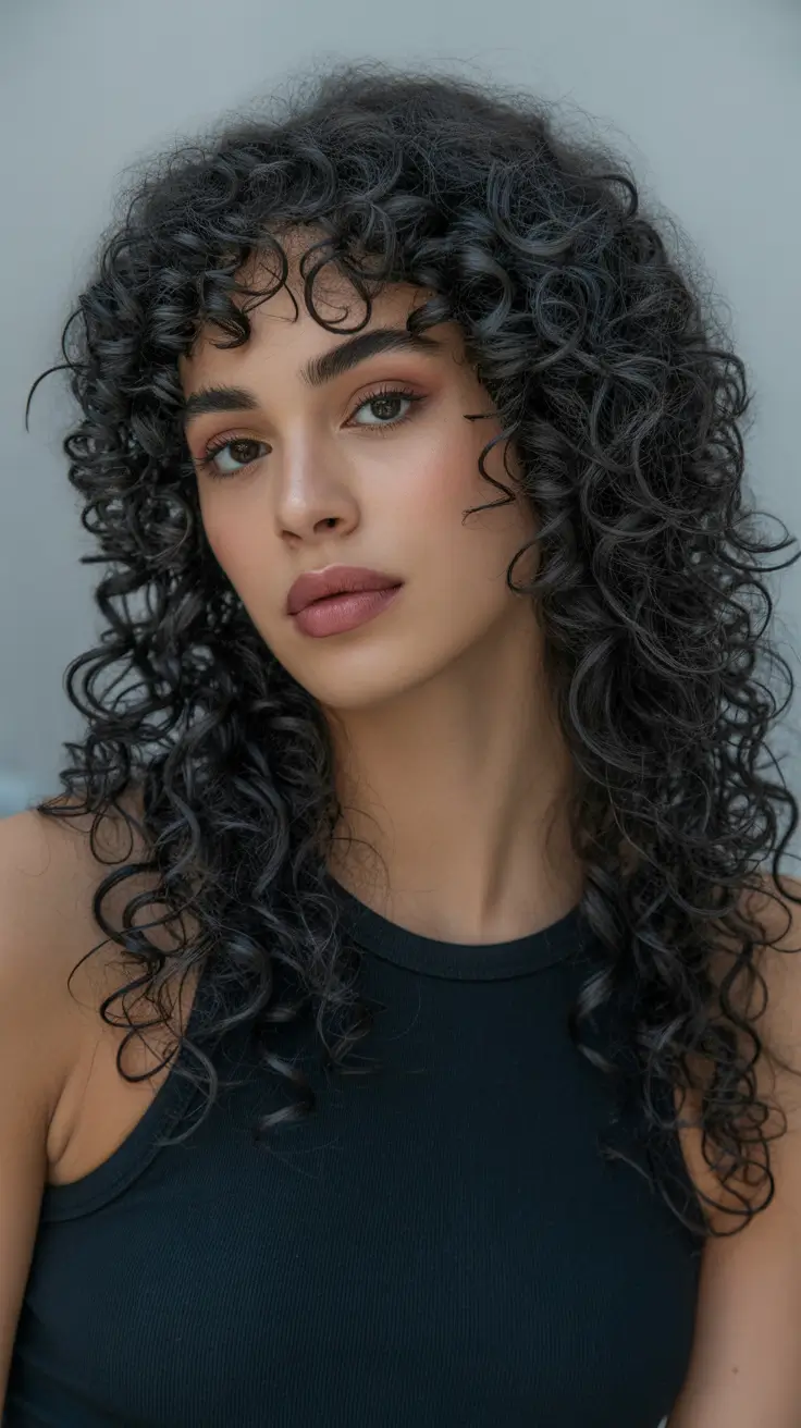 Best curly hairstyles 2026 Defined Cascading Curls With Sculpted Soft Bangs