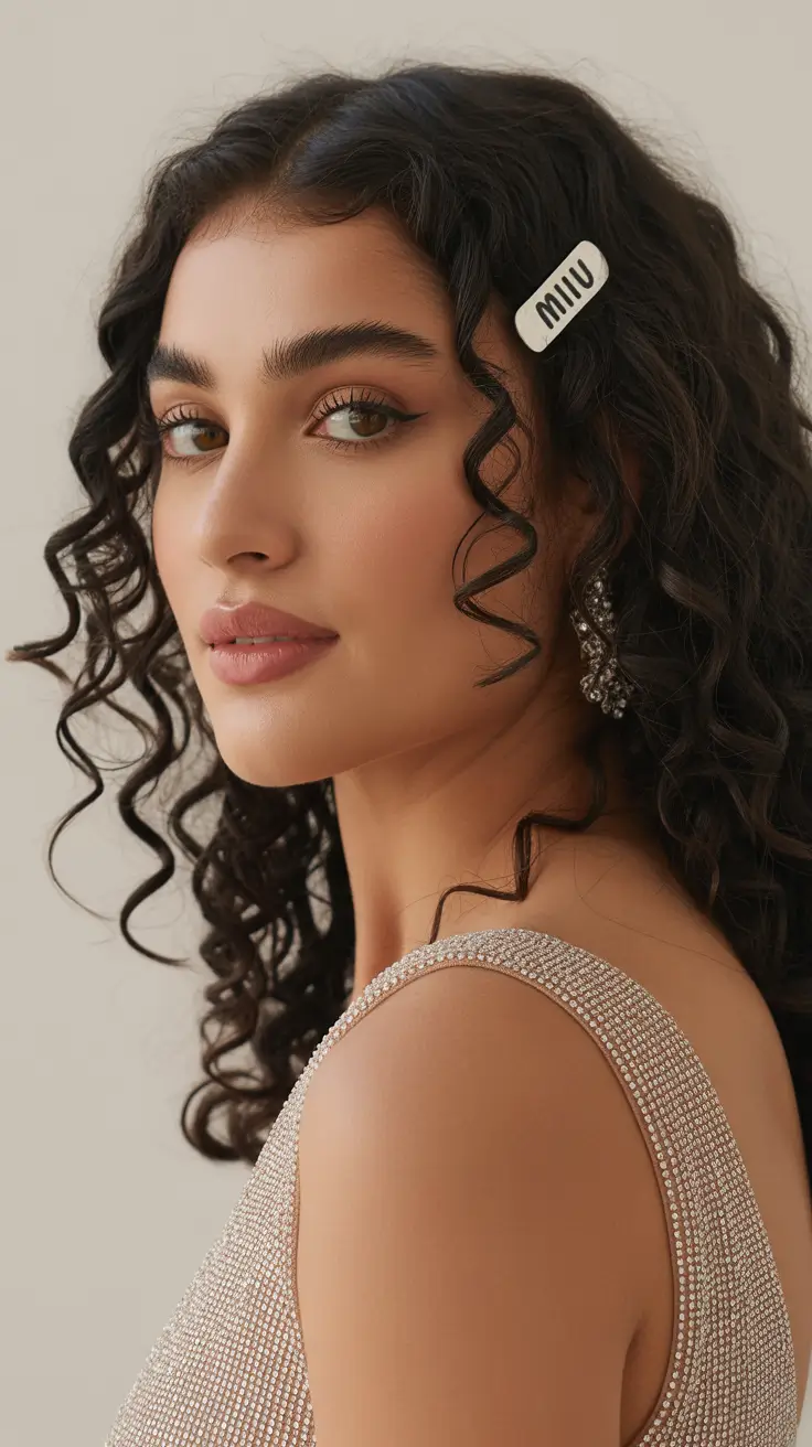 Best curly hairstyles 2026 Side-Pinned Spiral Waves With Luxury Accents