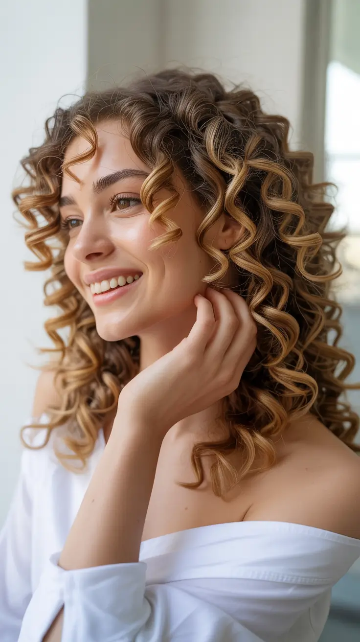 Best curly hairstyles 2026 Honey-Toned Curls With Soft Glow
