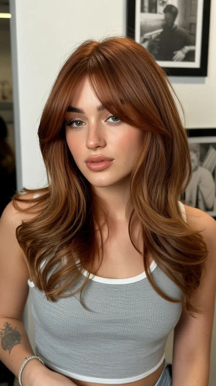 Best haircuts for medium hair 2026 Copper Layers with Long Curtain Bangs
