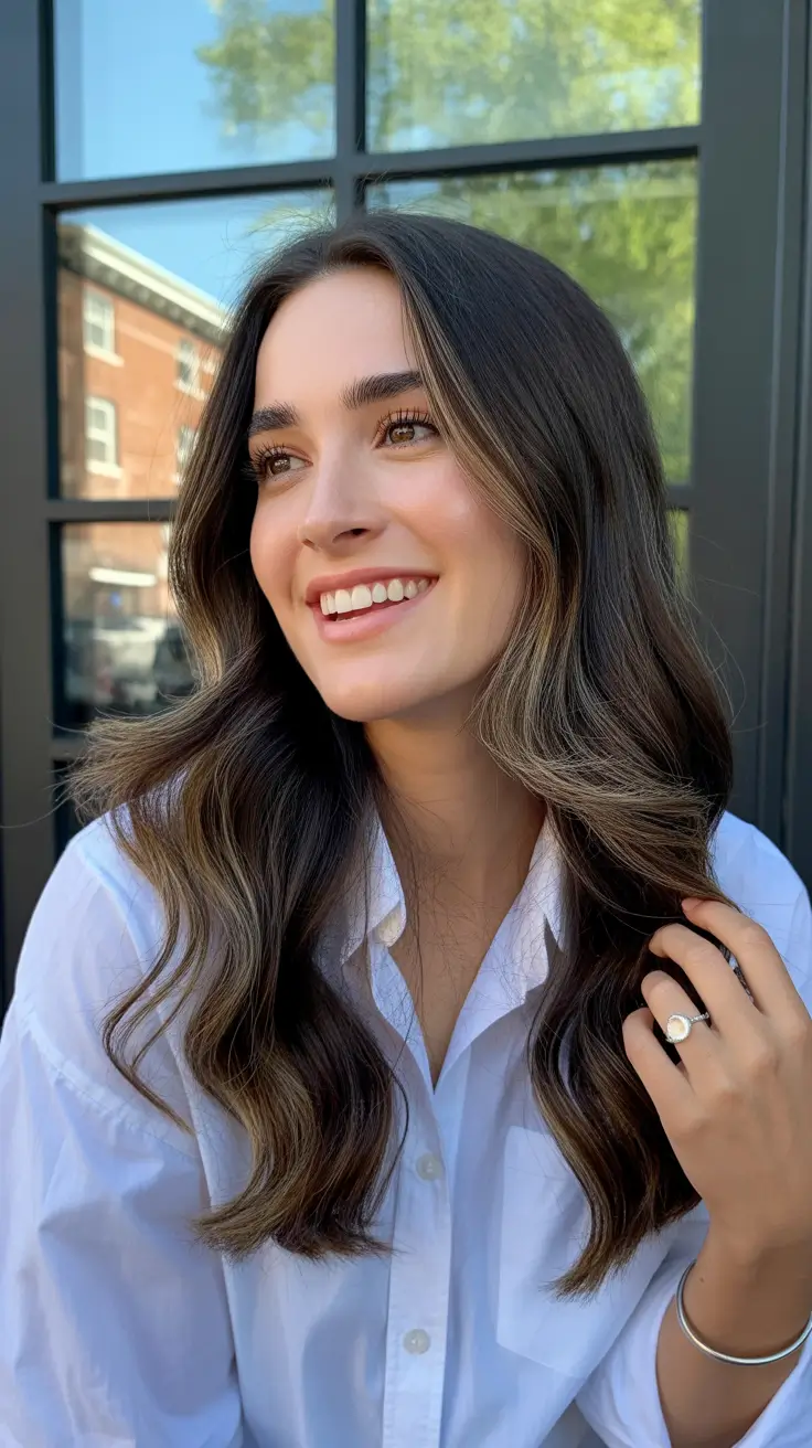 Best haircuts for medium hair 2026 Rich Brunette Waves with Face-Framing Glow