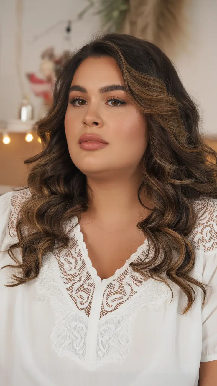 Best haircuts for plus size women 2026 Long Curly Layers with Chocolate Highlights