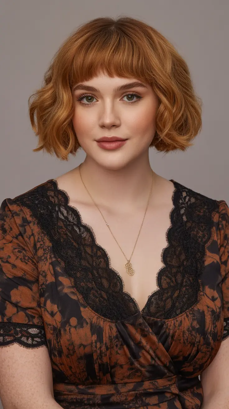 Best haircuts for plus size women 2026 Copper Curly Bob with Baby Bangs