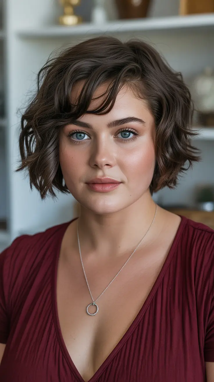 Best haircuts for plus size women 2026 Textured Short Shag with Side Fringe