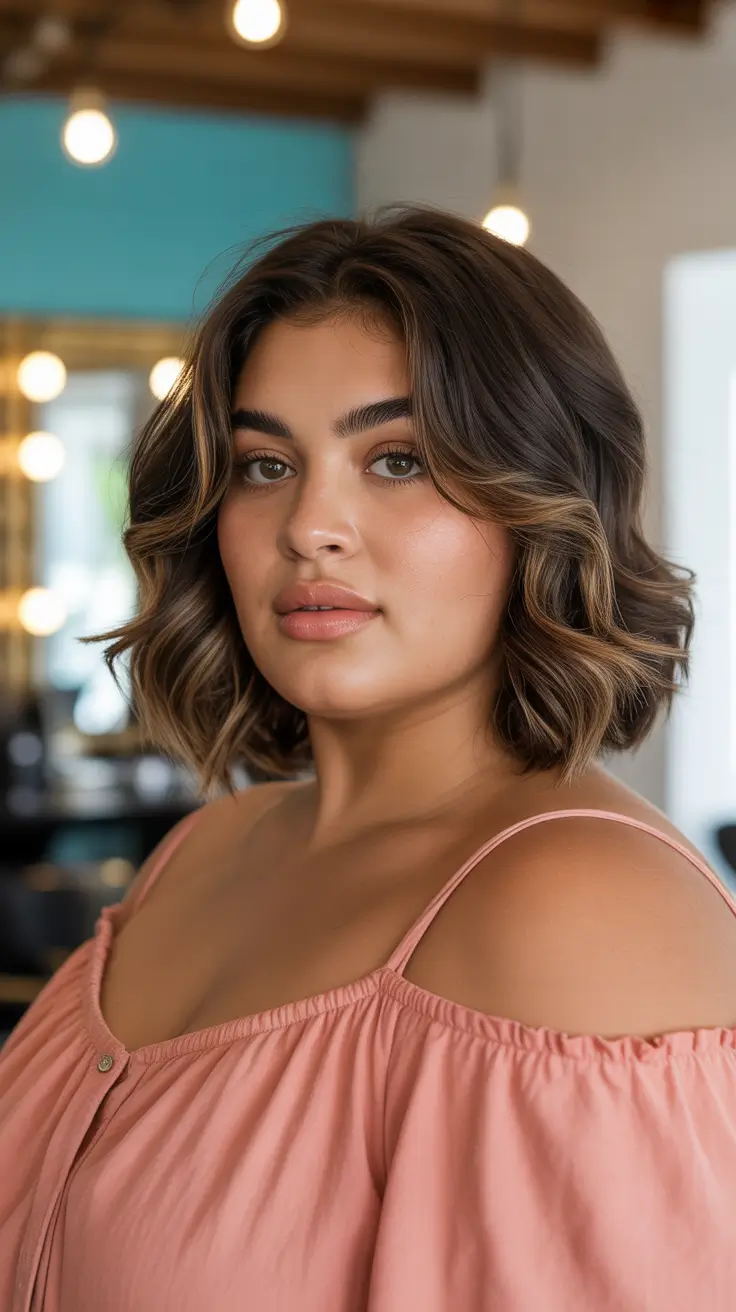 Best haircuts for plus size women 2026 Wavy Lob with Balayage Highlights
