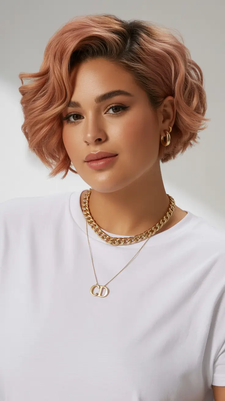 Best haircuts for plus size women 2026 Short Edgy Pixie with Rose Gold Tint