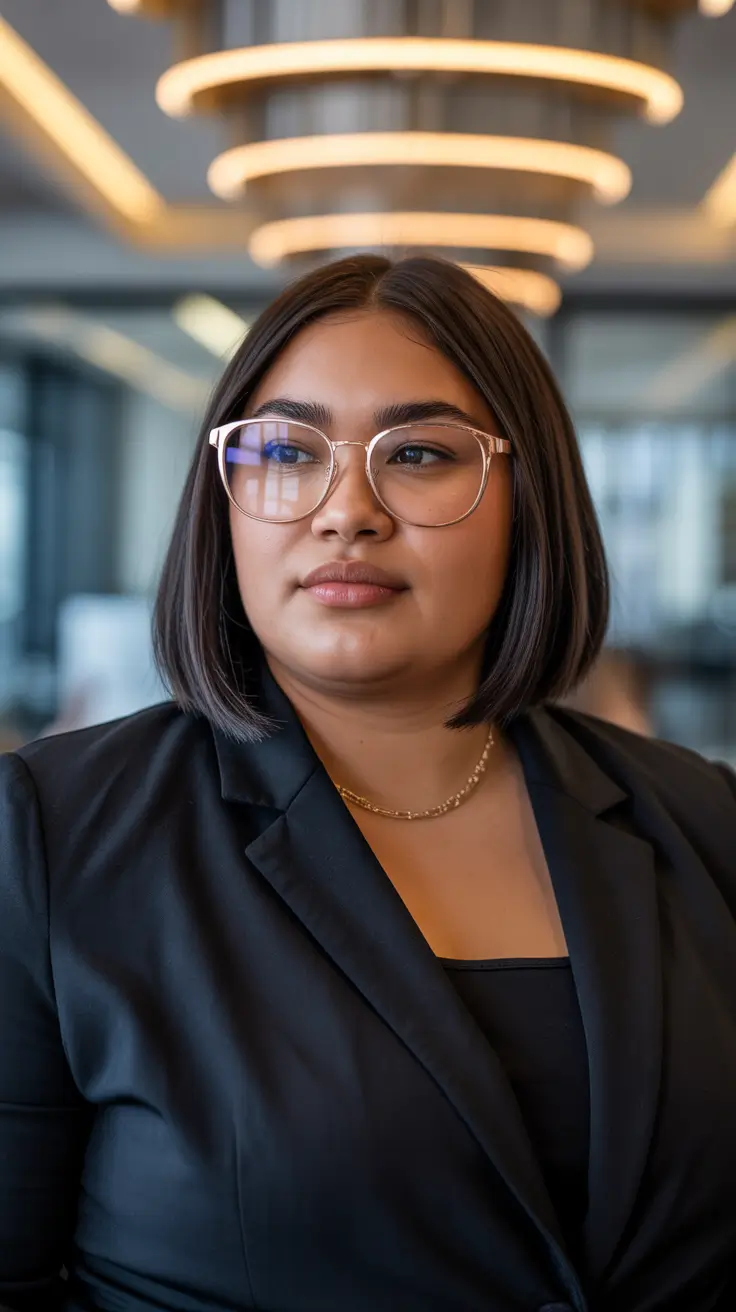 Best haircuts for plus size women 2026 Polished Straight Lob with Center Part