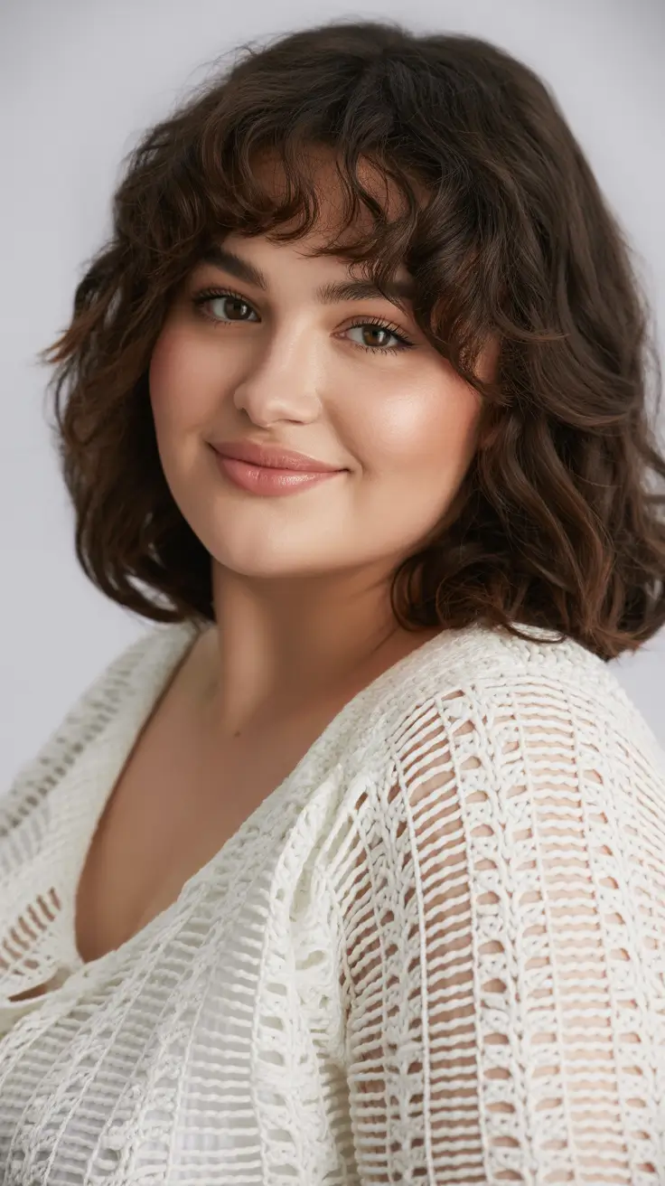 Best haircuts for plus size women 2026 Shaggy Mid-Length Waves with Tousled Ends