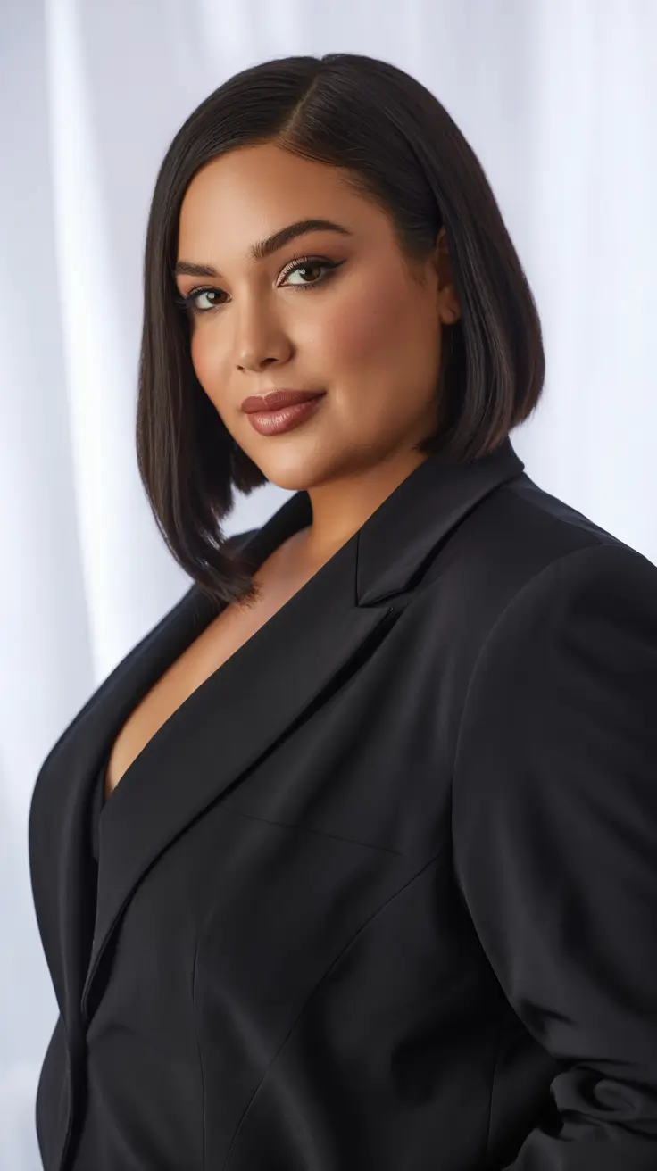 Best haircuts for plus size women 2026 Classic Sleek Short Bob with Deep Side Part
