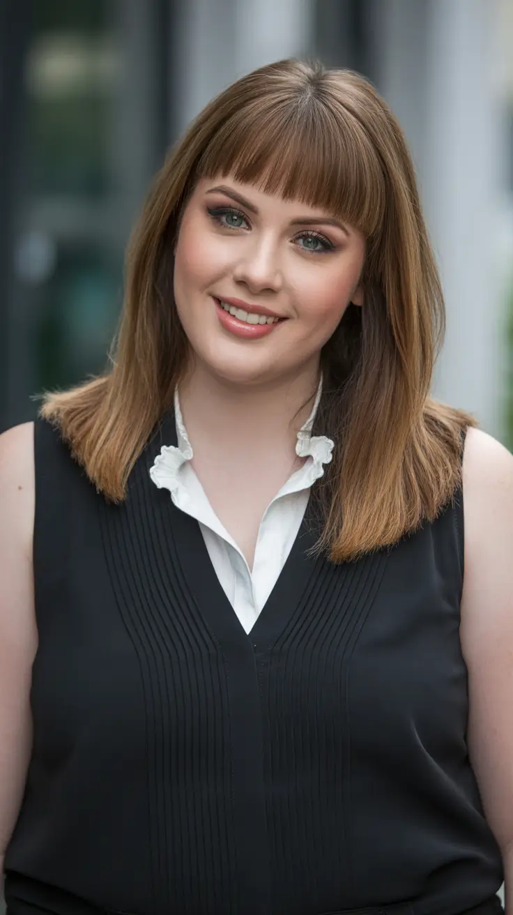 Best haircuts for plus size women 2026 Medium-Length Cut with Blunt Bangs