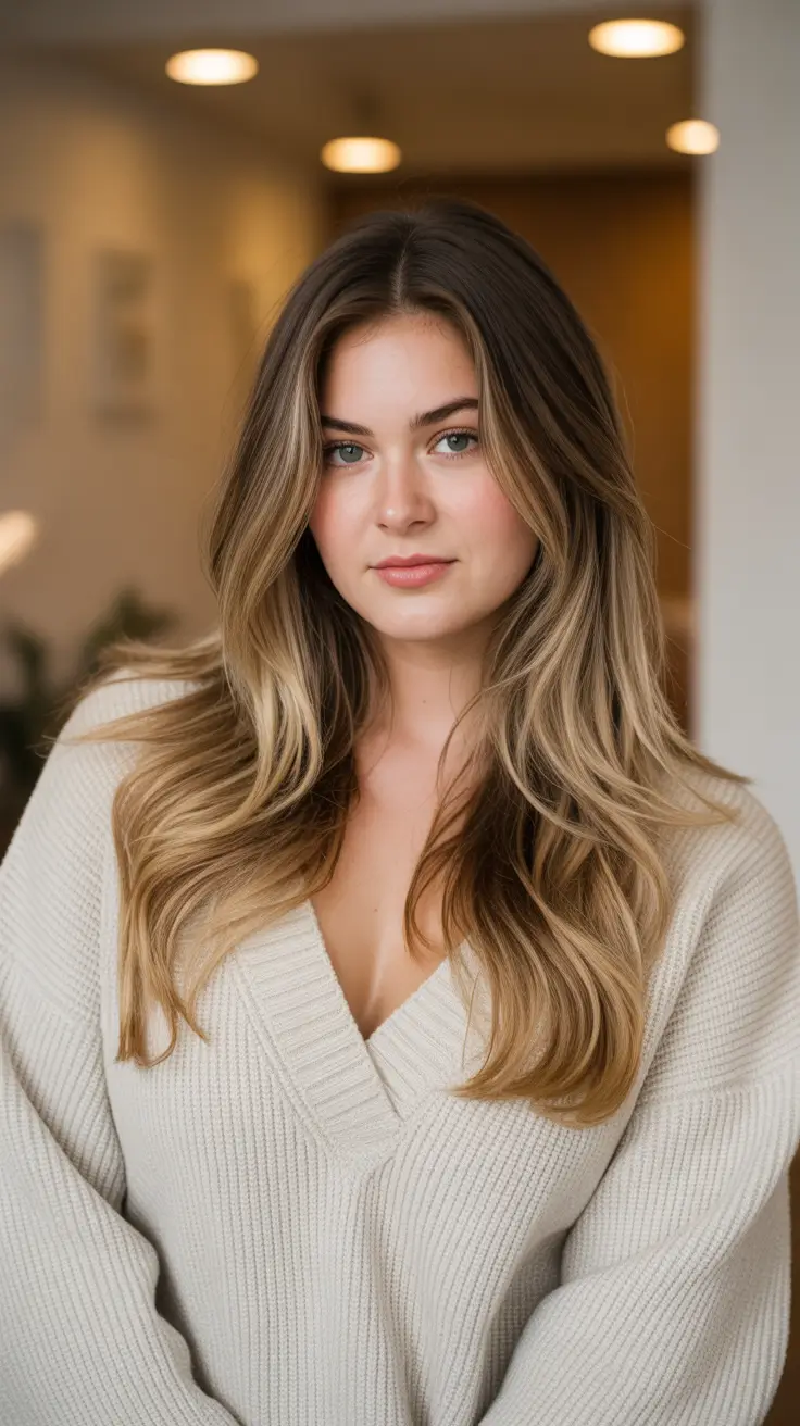 Best haircuts for plus size women 2026 Long Layered Cut with Honey Balayage
