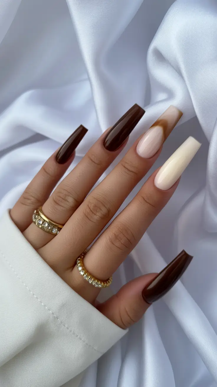 coffin nails ideas 2026 Caramel Marble & Chocolate Shine