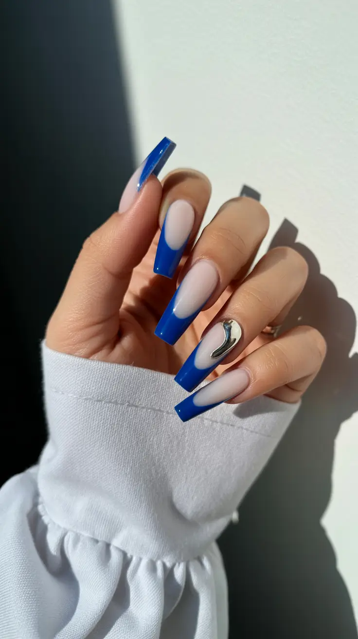 coffin nails ideas 2026 Royal Blue French Drama