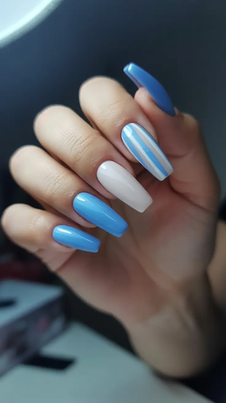 coffin nails ideas 2026 Striped Sky Blue Sweetness
