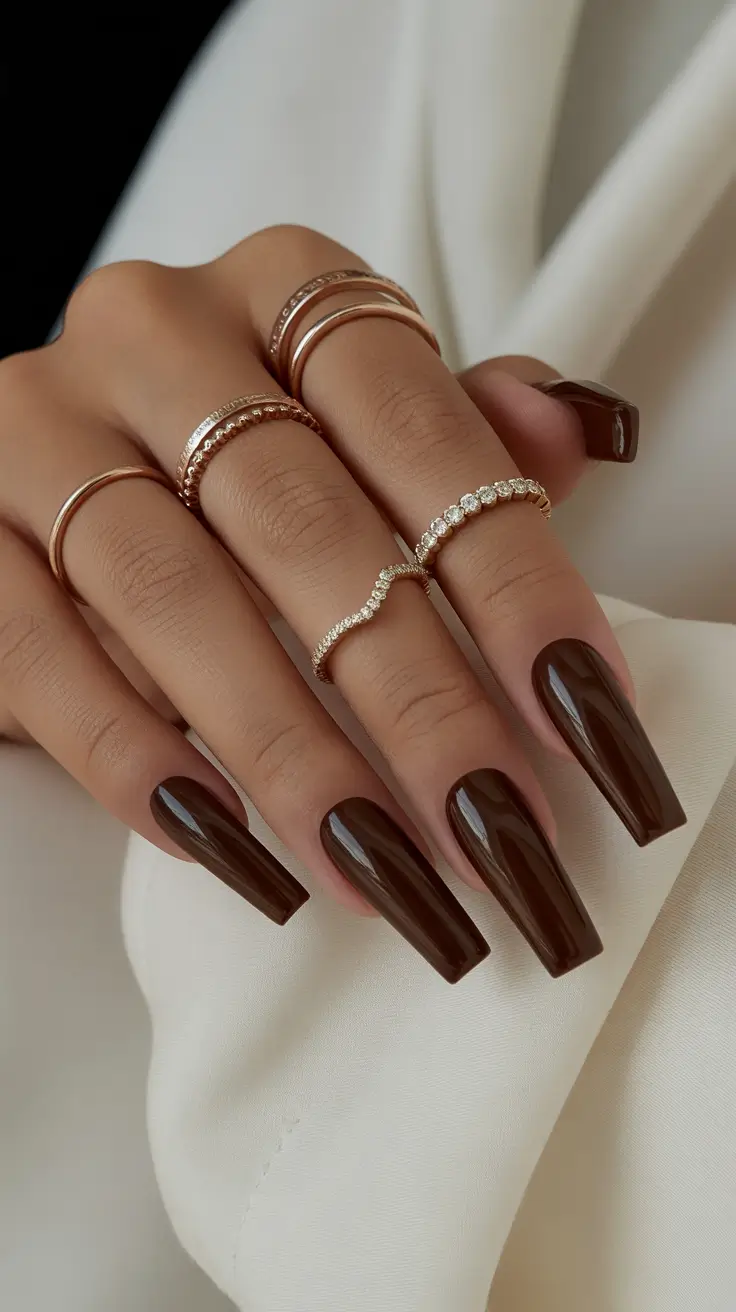 coffin nails ideas 2026 Deep Espresso Shine