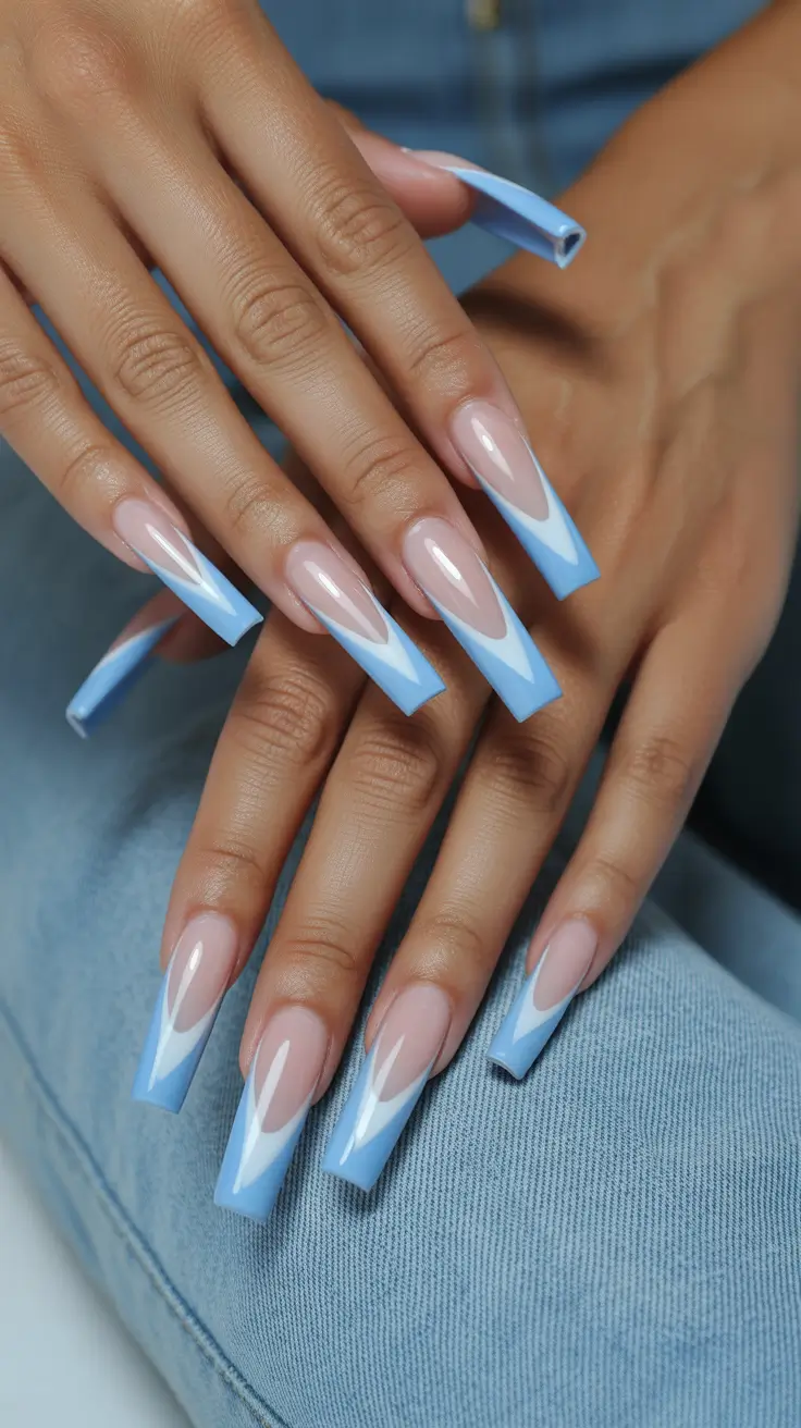 coffin nails ideas 2026 Sky Blue Arrow French