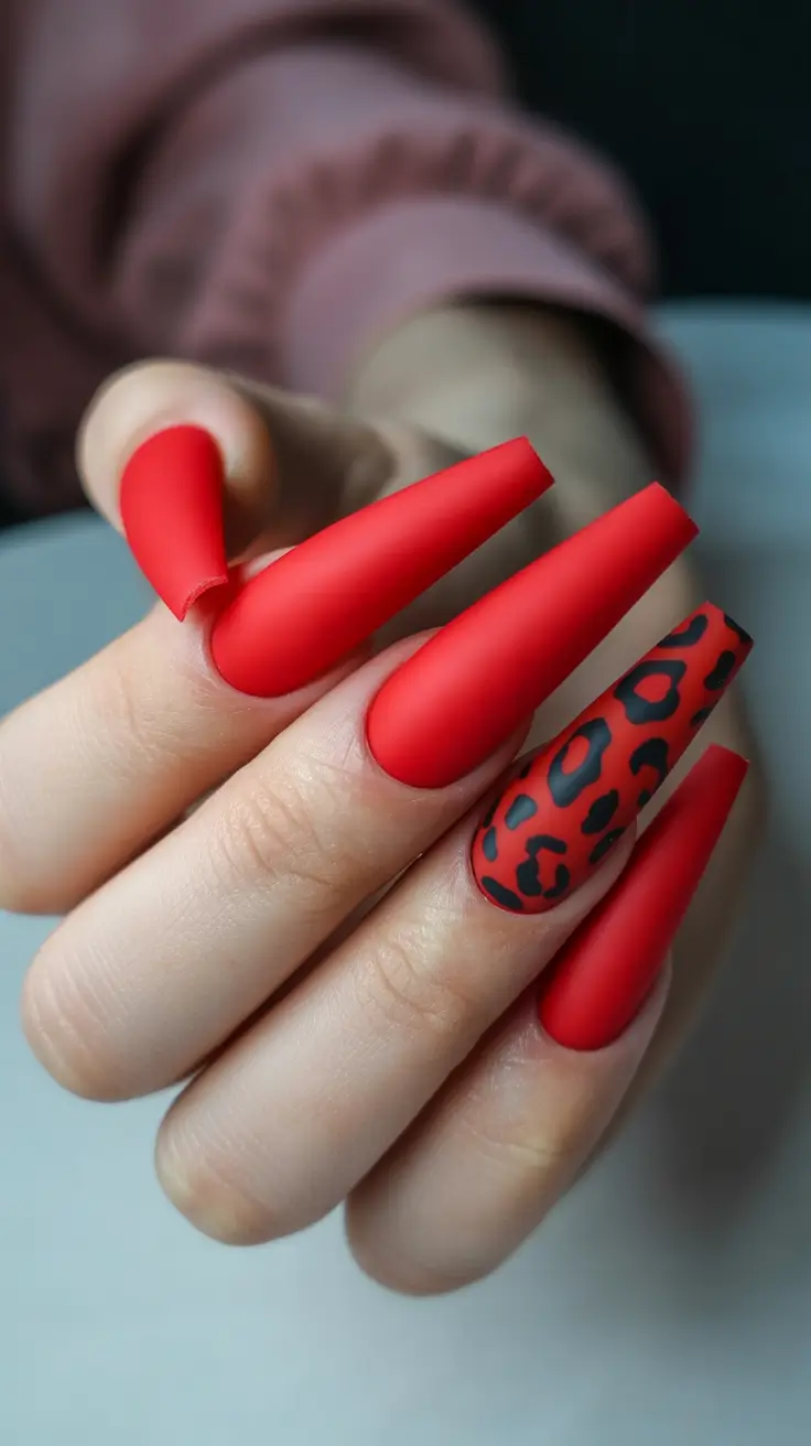 coffin nails ideas 2026 Bold Matte Red With Wild Energy