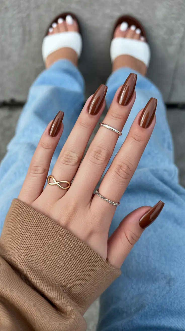 coffin nails ideas 2026 Glossy Caramel Brown Chic
