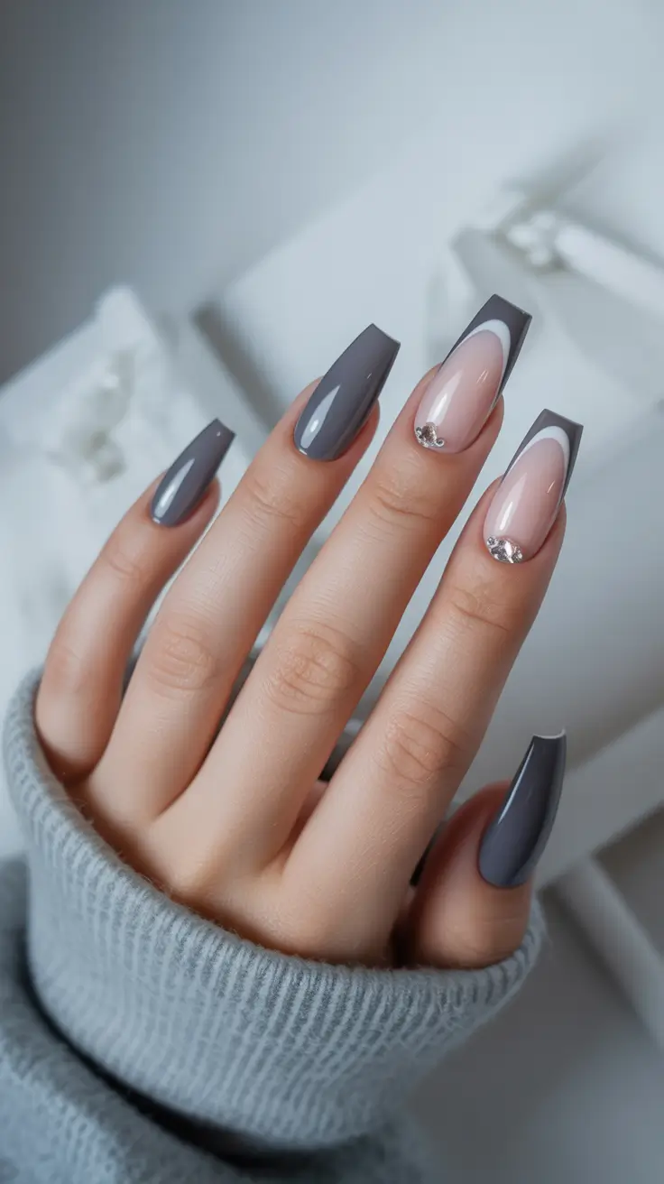 coffin nails ideas 2026 Minimalist Grey Elegance With Crystal Detail
