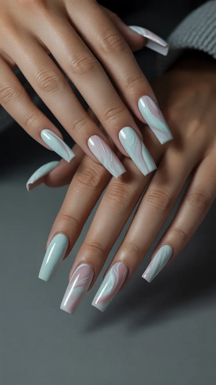 coffin nails ideas 2026 Mint Swirls With a Dreamy Pastel Mood