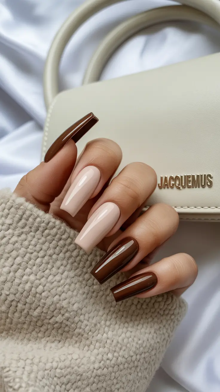 coffin nails ideas 2026 Chocolate & Cream Modern Neutrals
