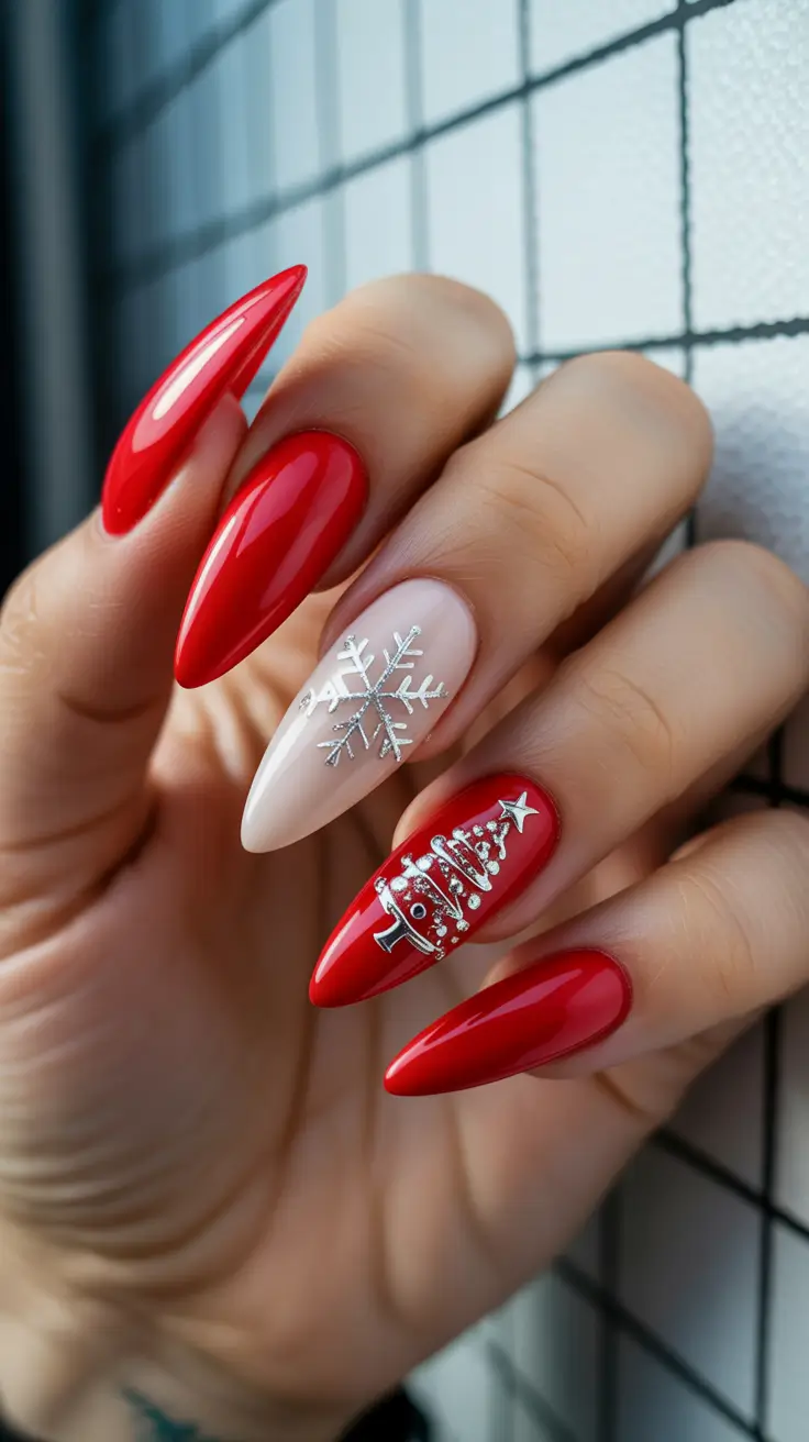 creative nail designs 2026 Red Holiday Glam With Seasonal Accents