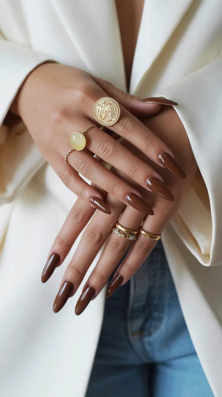 creative nail designs 2026 Deep Chocolate Elegance With Ultra-Glossy Finish