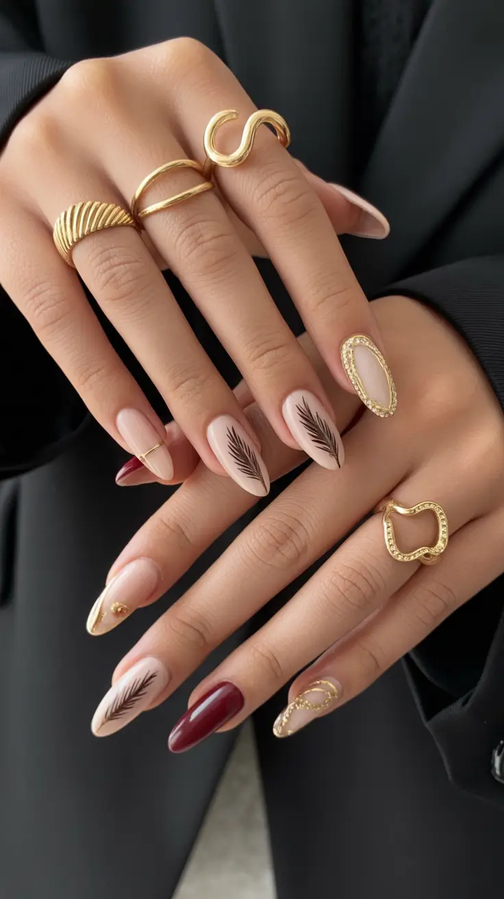 creative nail designs 2026 Minimalist Nature-Inspired Almond Nails With Gold Details