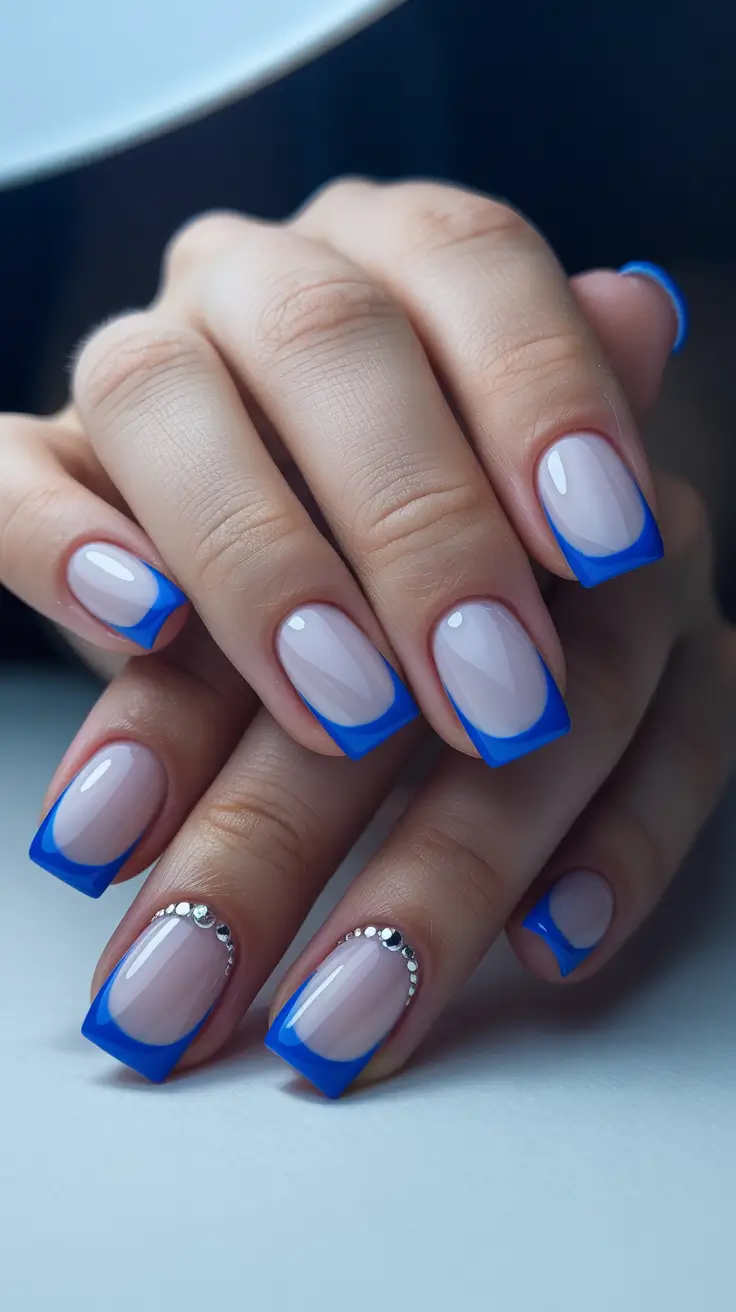 creative nail designs 2026 Electric Blue French Squares With Crystal Detail