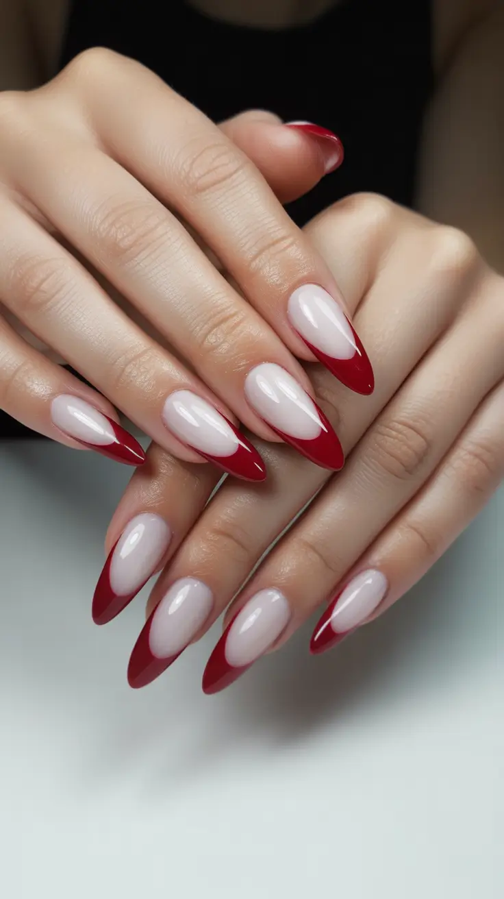 creative nail designs 2026 Long Red Almond French With Sharp Contrast