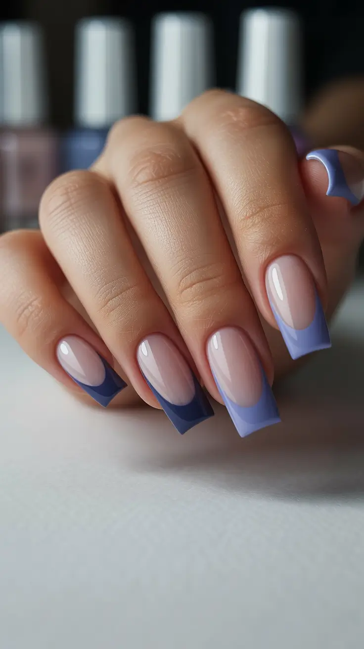creative nail designs 2026 Two-Tone Lavender and Navy French With Sculpted Edges