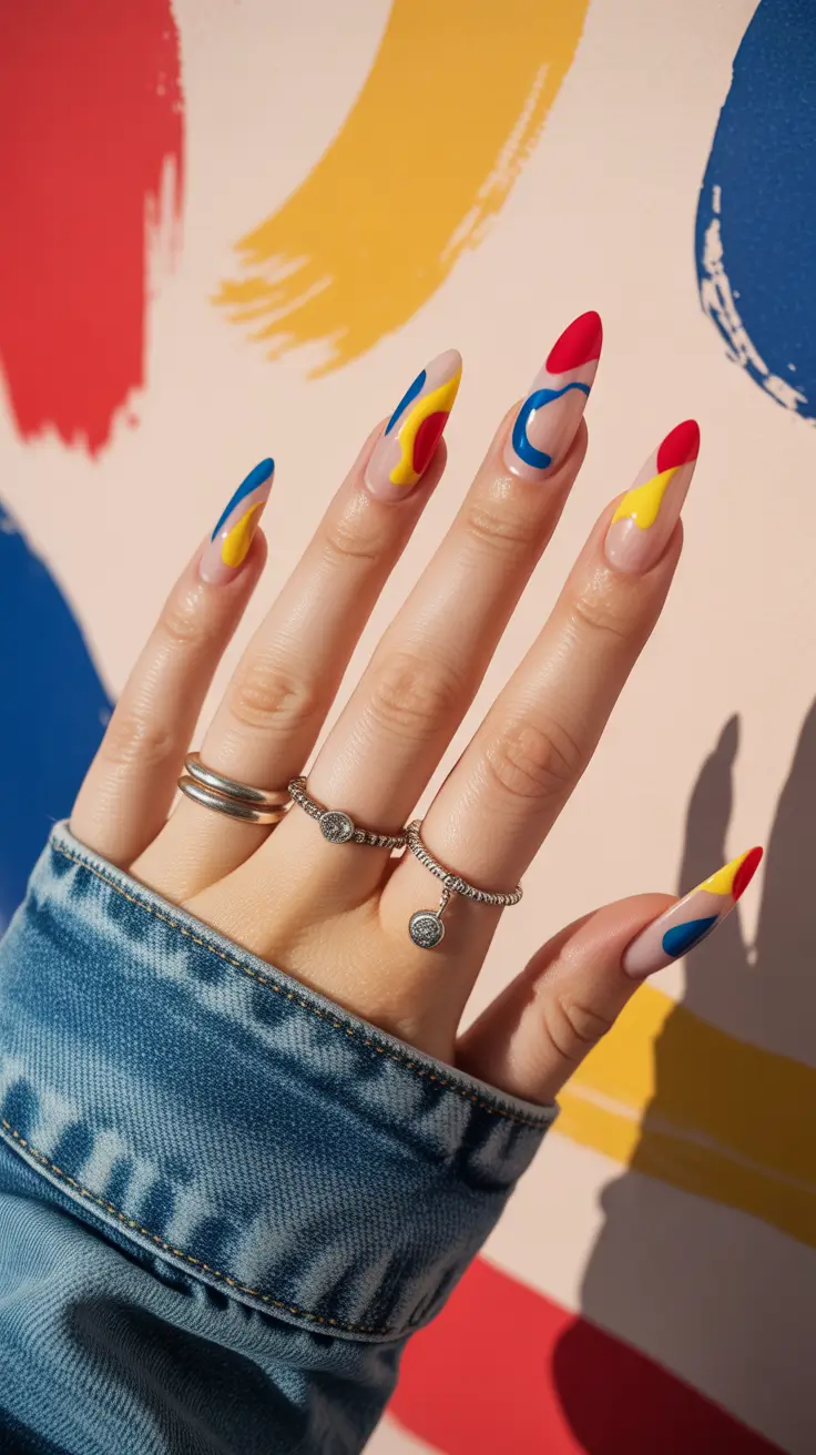 creative nail designs 2026 Color-Splash Almond Tips for Summer Energy