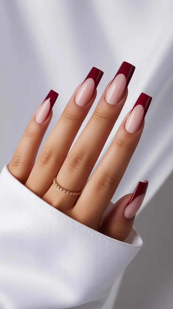 creative nail designs 2026 Burgundy Square French With High-Gloss Finish