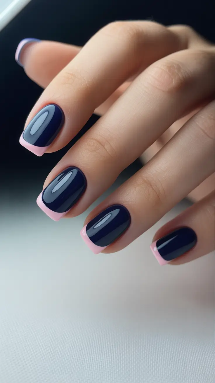 creative nail designs 2026 Midnight Gloss With Soft Pink Square French Tips