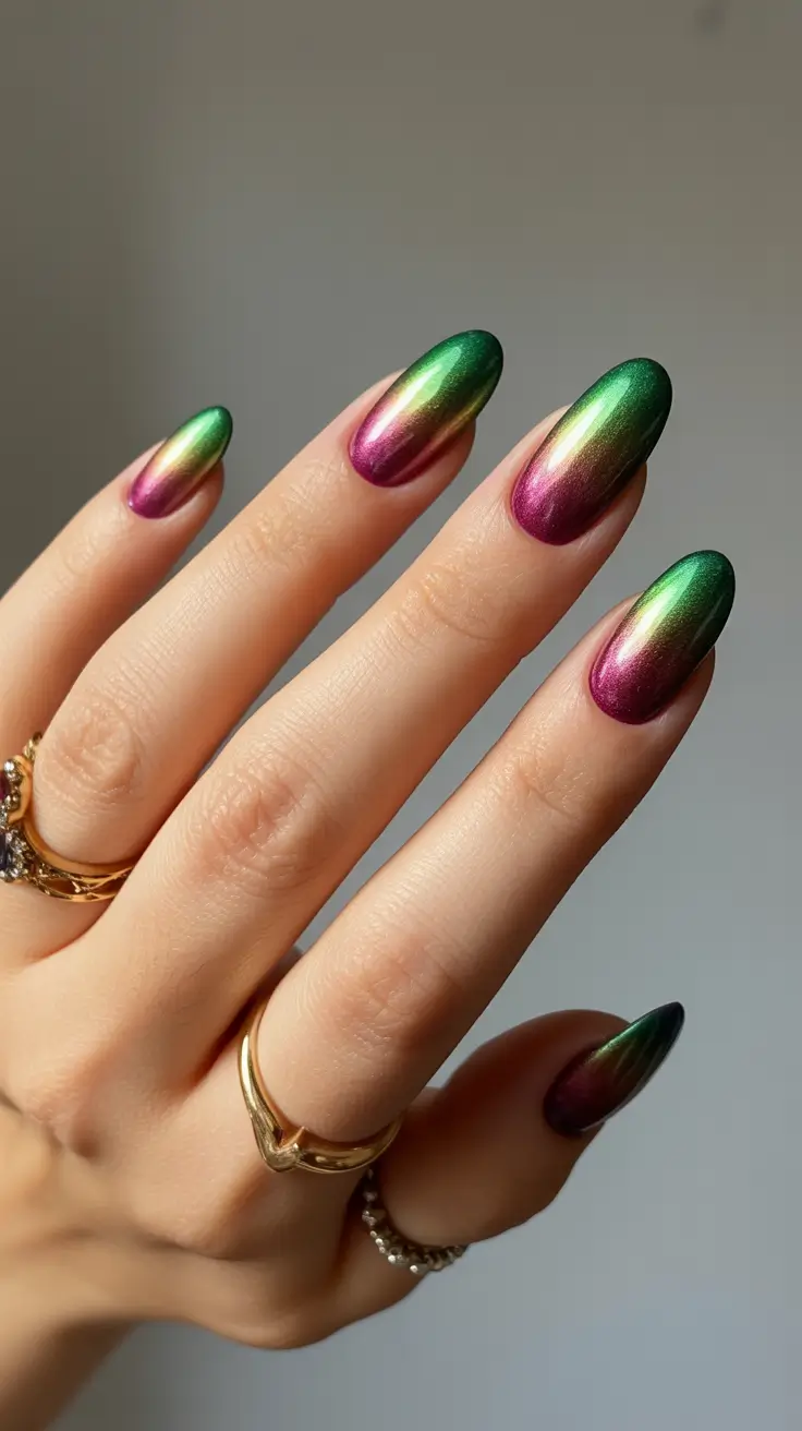 creative nail designs 2026 Metallic Green-to-Purple Cat-Eye Gradient 
