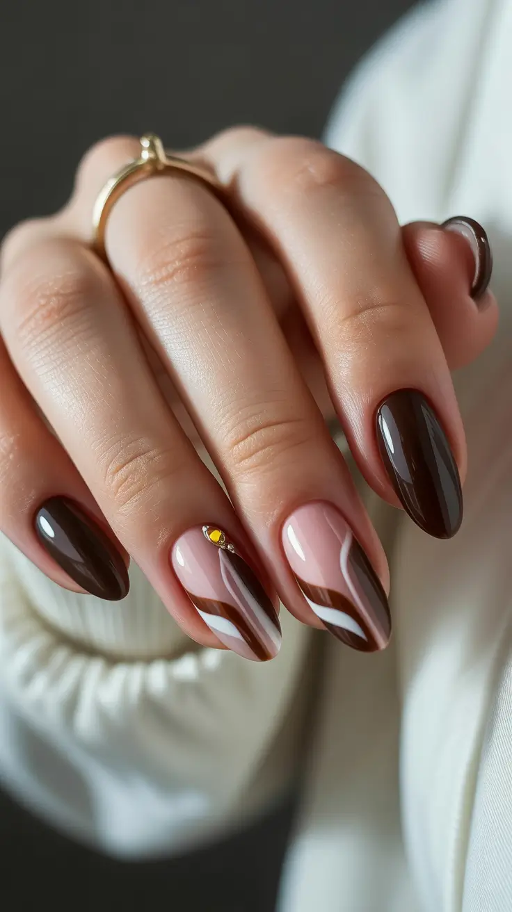 creative nail designs 2026 Brown Swirled Neutrals With Soft Gloss