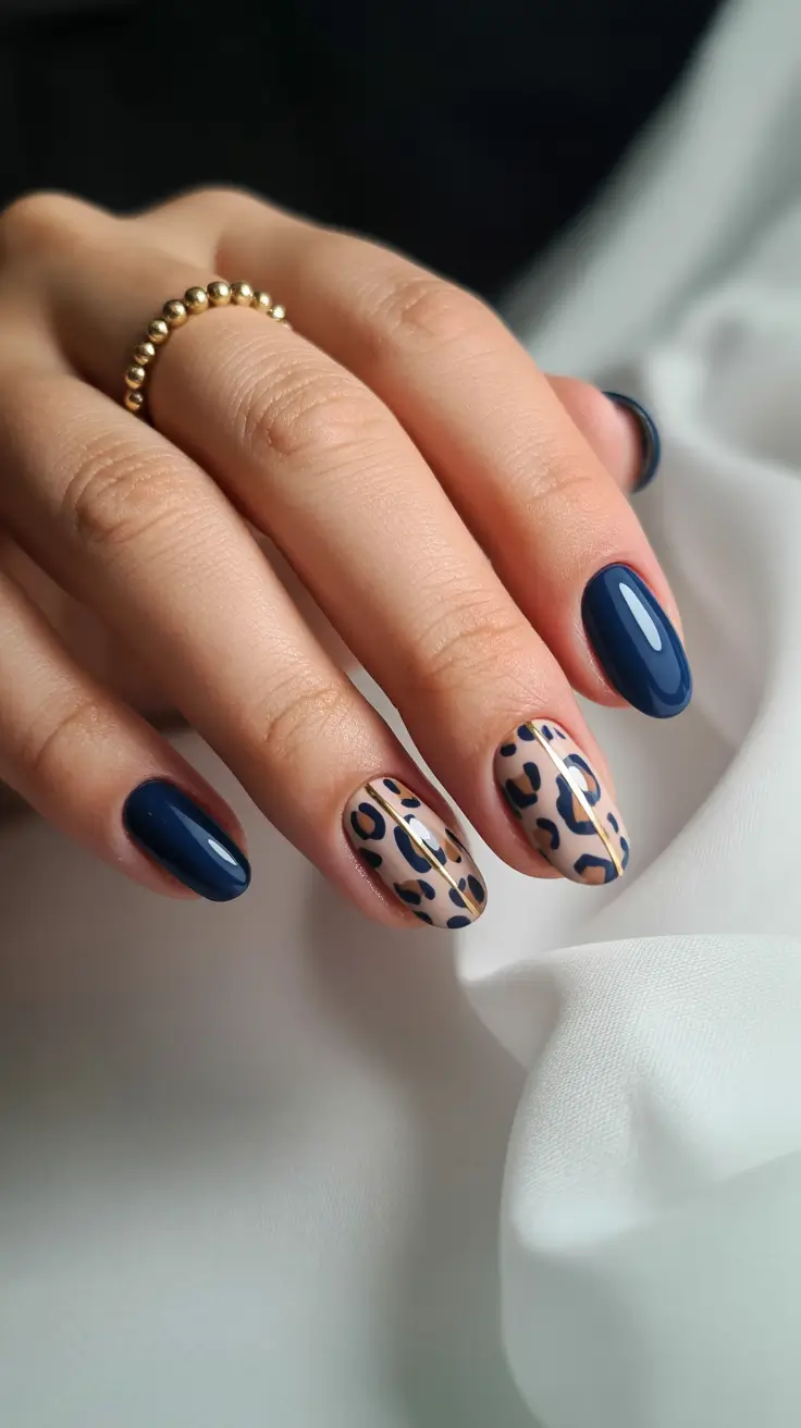 creative nail designs 2026 Deep Navy Neutrals With Modern Leopard Art