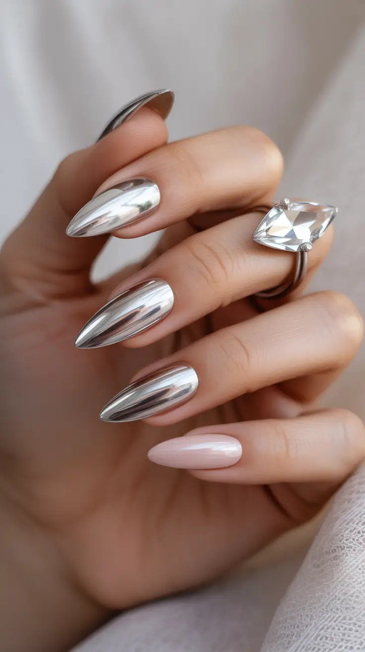 creative nail designs 2026 Mirror-Finish Silver Chrome With Soft Nude Accent