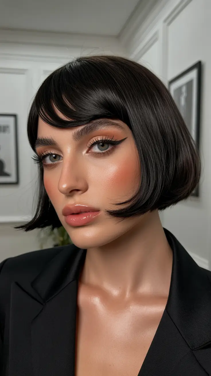 Cute hairstyle ideas 2026 Glossy Short Bob with Winged Bangs