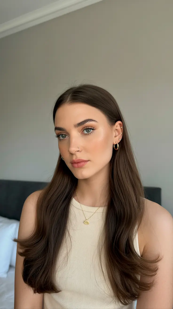 Cute hairstyle ideas 2026 Glossy Brunette Layers