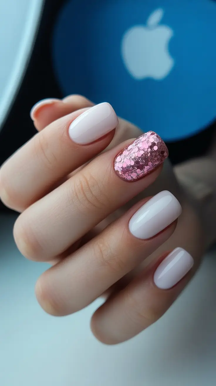 cute nails inspiration 2026 Soft Pink Glow With a Sparkle Accent