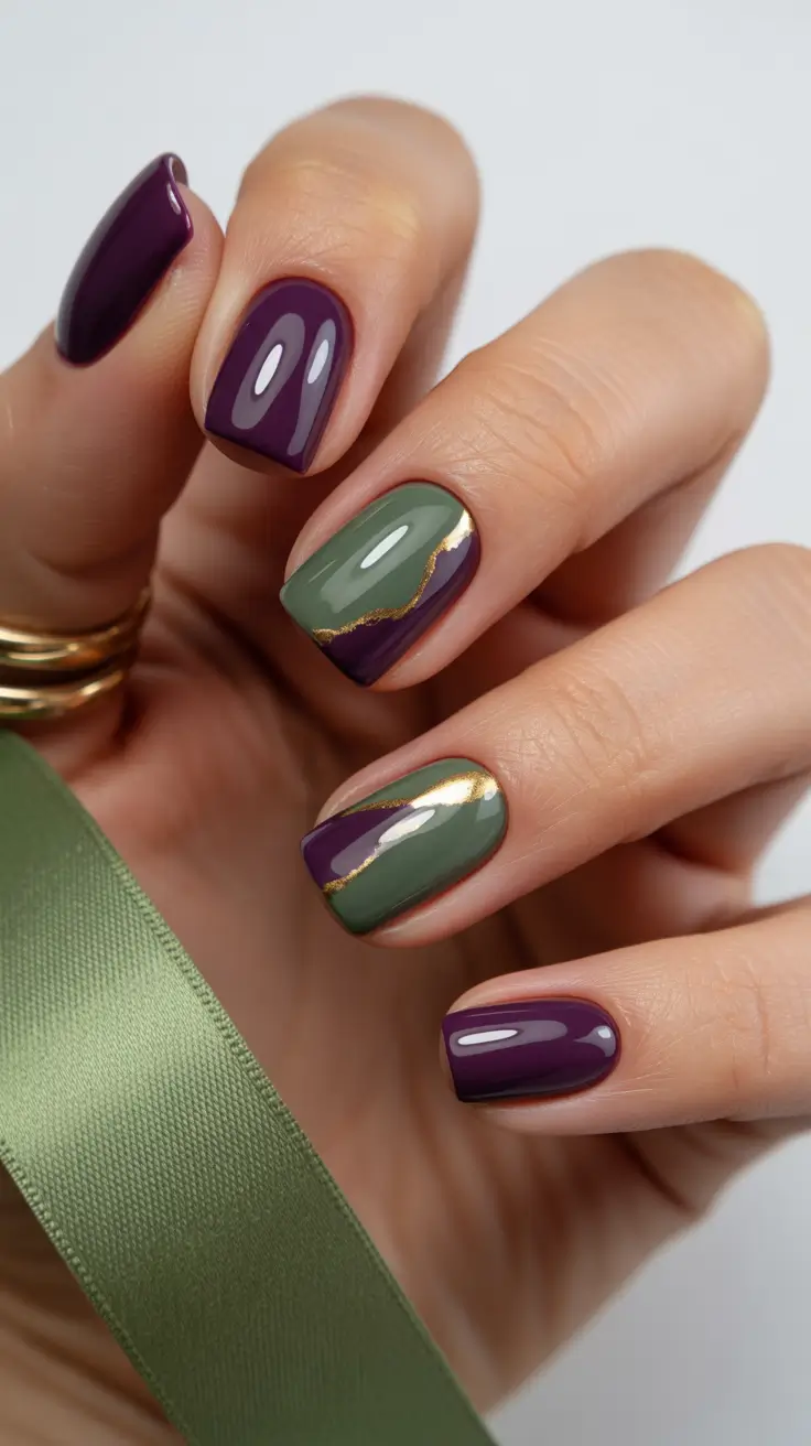 cute nails inspiration 2026 Deep Plum & Sage With Gold Veining